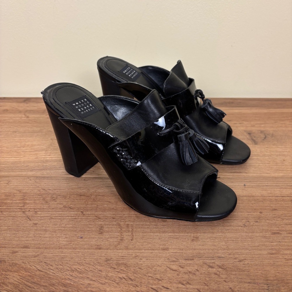 WHITE HOUSE BLACK MARKET Ariah‎ Tassel Mules Black Women Size 7 Open Toe Heels